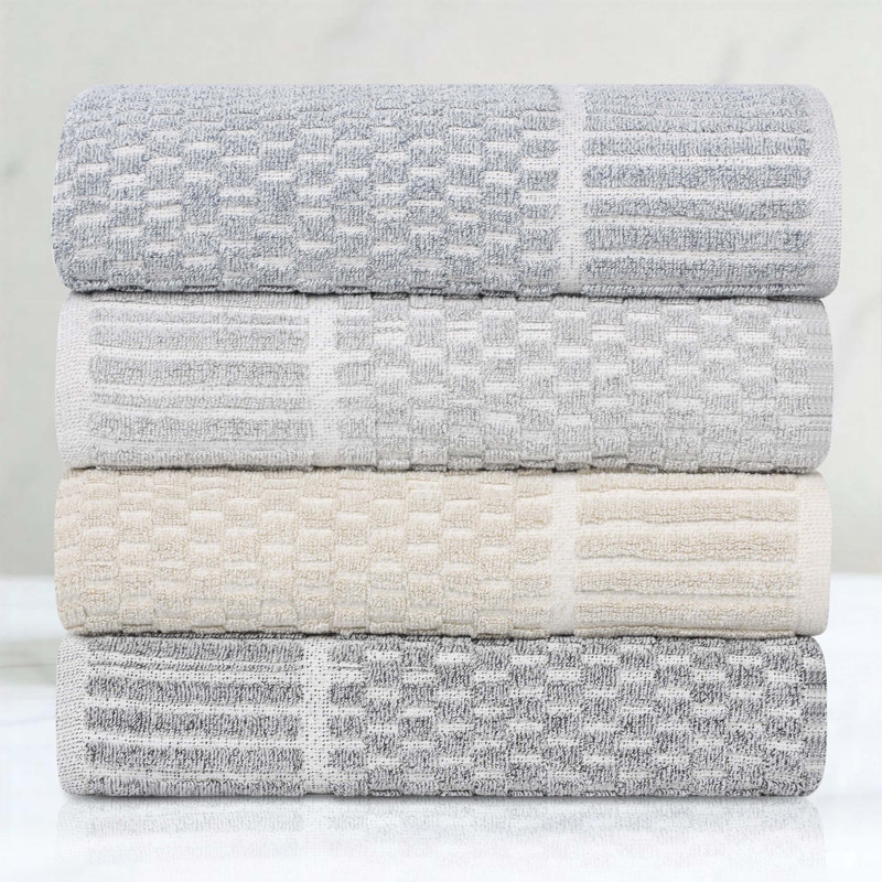 Beige Cotton Blend Textured Checkered Hand Towels, 30" x 16"