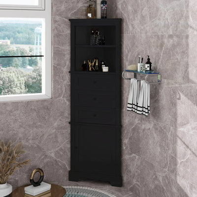 Grande armoire d'angle avec 3 tiroirs et tablettes réglables, armoire de rangement triangulaire pour salle de bain / cuisine, panneau de fibres à densité moyenne avec finition peinte