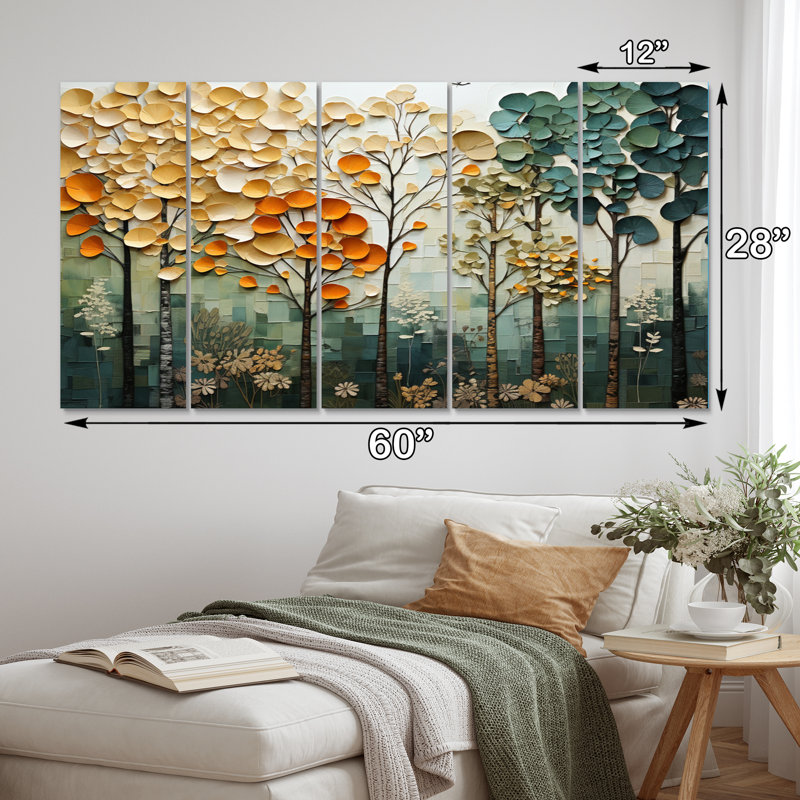 " Orange Green Trees Canopy Patchwork I " 5 - Pieces