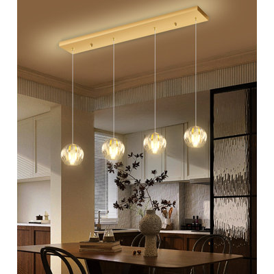 Lustre rectangulaire à 4 lumières DEL moderne à intensité variable en verre doré