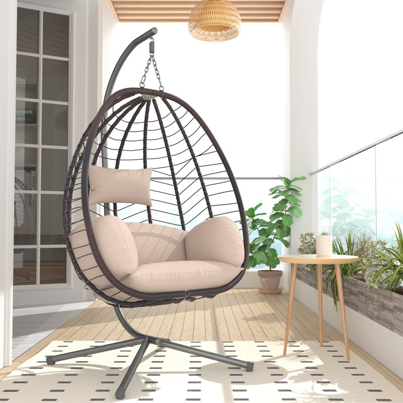 Kirstien Hanging Egg Chair With Stand All-Weather Rattan Wicker Swing Waterproof Cushions, Beige