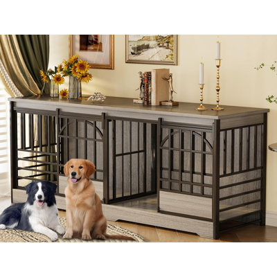 Meuble de 78 po pour double cage 78 po, très grand chenil d'intérieur pour 2 chiens, cage pour chien robuste avec cloison, meuble télé pour chien en bois pour grand lit (gris)