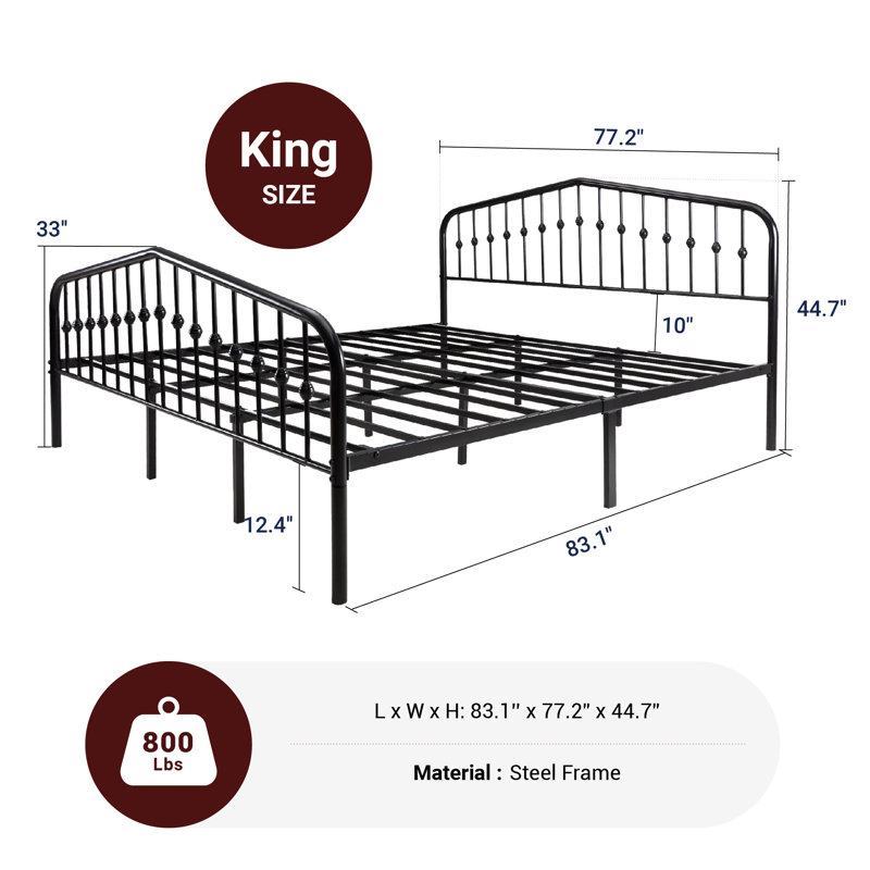 King Size Black Metal Bed Frame with Victorian Style Headboard
