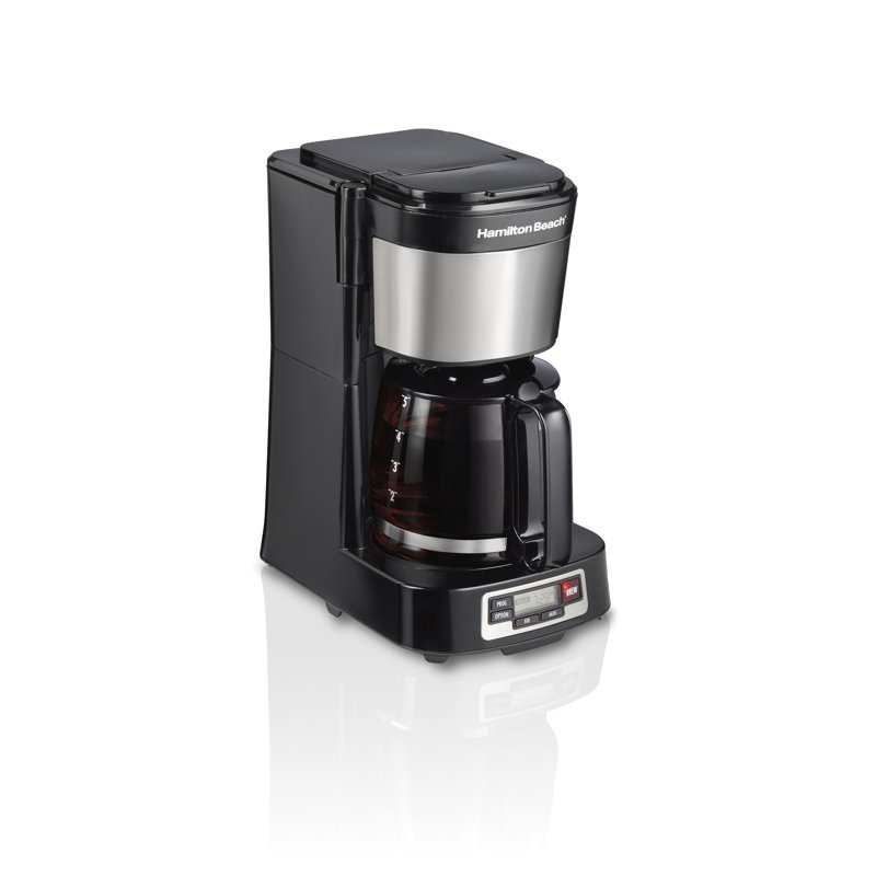 Compact Black and Stainless Steel 5-Cup Coffee Maker with Programmable Clock