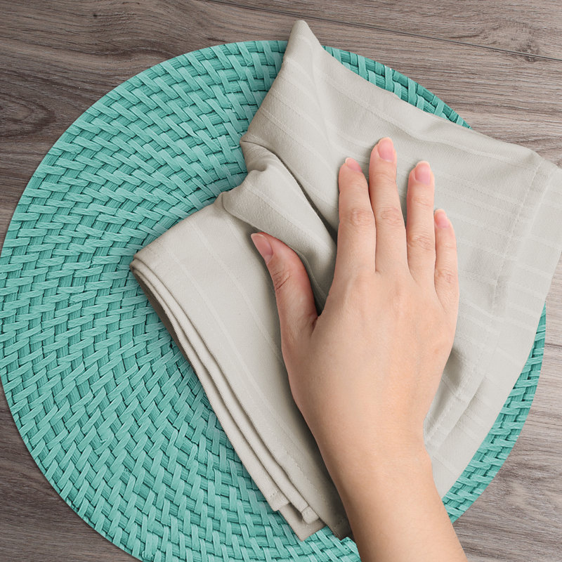 Teal and Beige Reversible Round Plastic Placemats, Set of 4