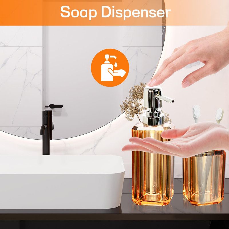 Ensemble complet d'accessoires de salle de bain en acrylique 4 pièces avec distributeur de savon, gobelet, porte-savon, porte-brosse à dents, ensembles de décoration de salle de bain orange