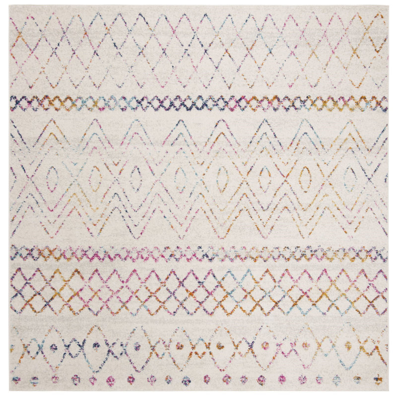 Christa Geometric Power Loom Ivory/Fuchsia Rug, Square 6'7"