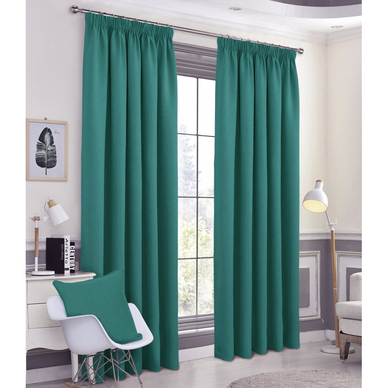 Meliha Pencil Pleat Blockout Curtains, Emerald, Width 114 x Drop 229 cm