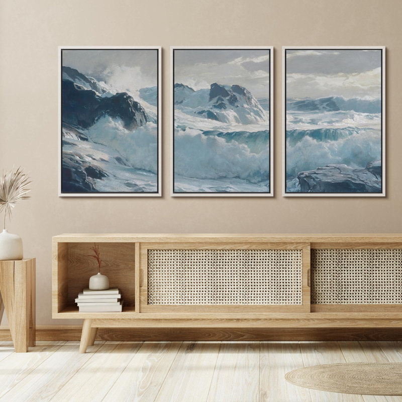 «Rager Waves Dynamic Seascapes Nature Landscape Illustration Modern Art Decor Rustic», 3 pièces, Blanc