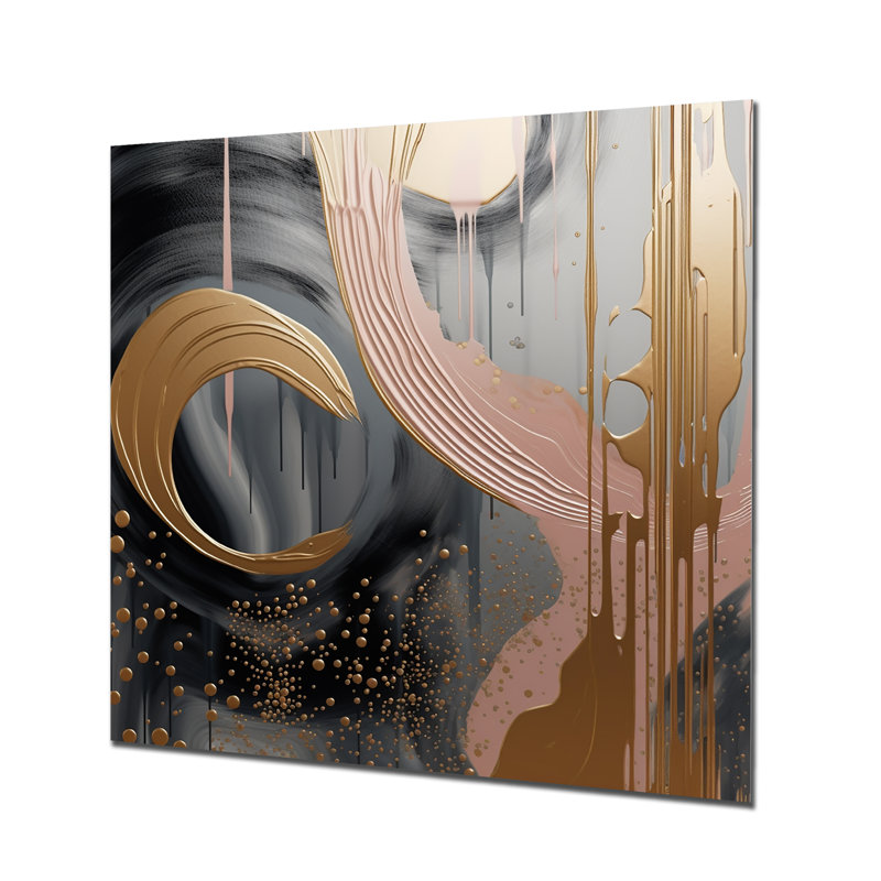 Abstrait rose et or liquide encre liquide III - formes abstraites, art mural en métal, H 36 po x l 36 po