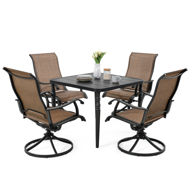 Patio 5-piece PVC-coated polyester Swivel Dining Set With Umbrella Hole, 5 Pieces: Table, 4 Chairs
