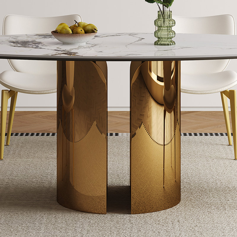 Table de salle à manger ovale en pierre frittée de 70,9 pouces avec base en acier inoxydable de couleur cuivre, conception unique des pieds robustes et stables, convenant à la cuisine, la salle à manger et le salon