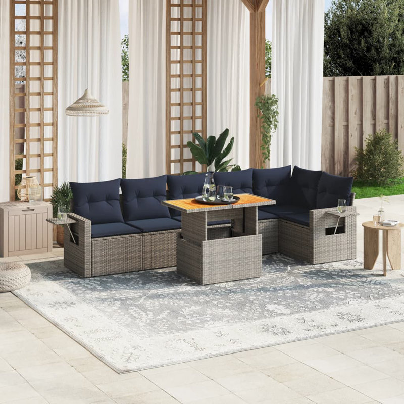  Ensemble de canapé de patio 7 pièces avec coussins en rotin de polyester, Gris, Bleu