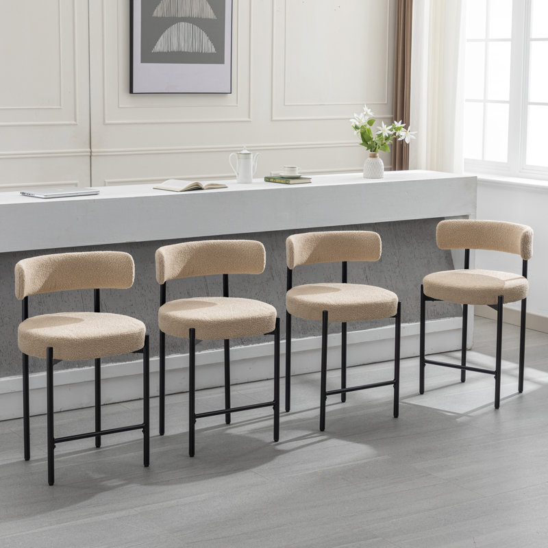 Beige Bouclé Upholstered Counter Stools with Metal Frame, Set of 4
