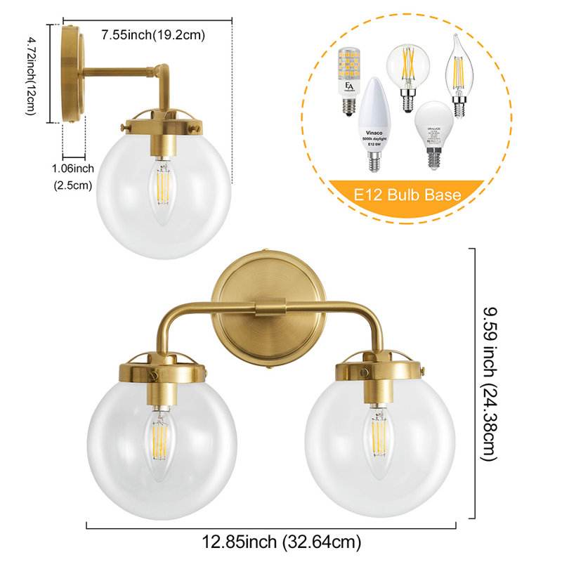 Airabelle Bathroom Vanity Lighting With Clear Shades Dimmable Bathroom Light Fixtures, Gold, 2