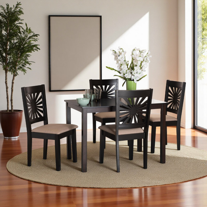Marley 5 Piece Dark Brown Finish Dining Set in Beige Fabric, 28.86'' H X 43.03'' W X 27.32'' D, Espresso Brown/Beige, 5