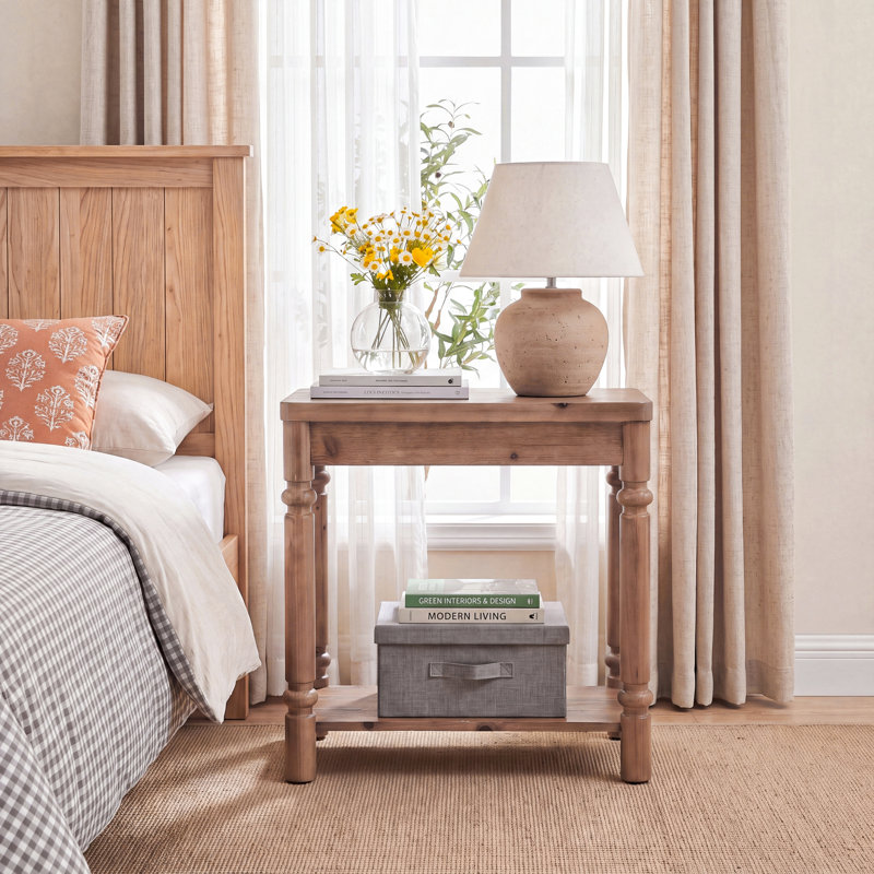 2-Tier Solid Wood Nightstand, Brown