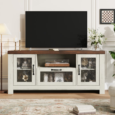Farmhouse TV Stand for 55/65 Inch TV, Wood Entertainment Center with Acrylic Door Storage Cabinet, Adjustable Shelves, Sturdy TV Console Table for Living Room Bedroom