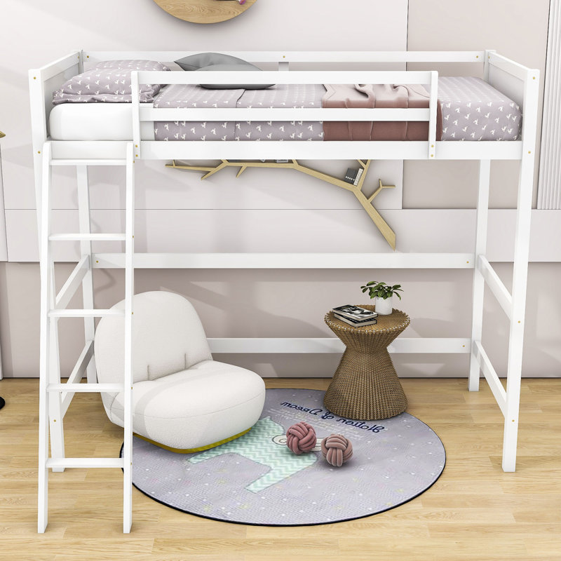 Gionny Twin Size Wood Loft Bed With Ladder, White