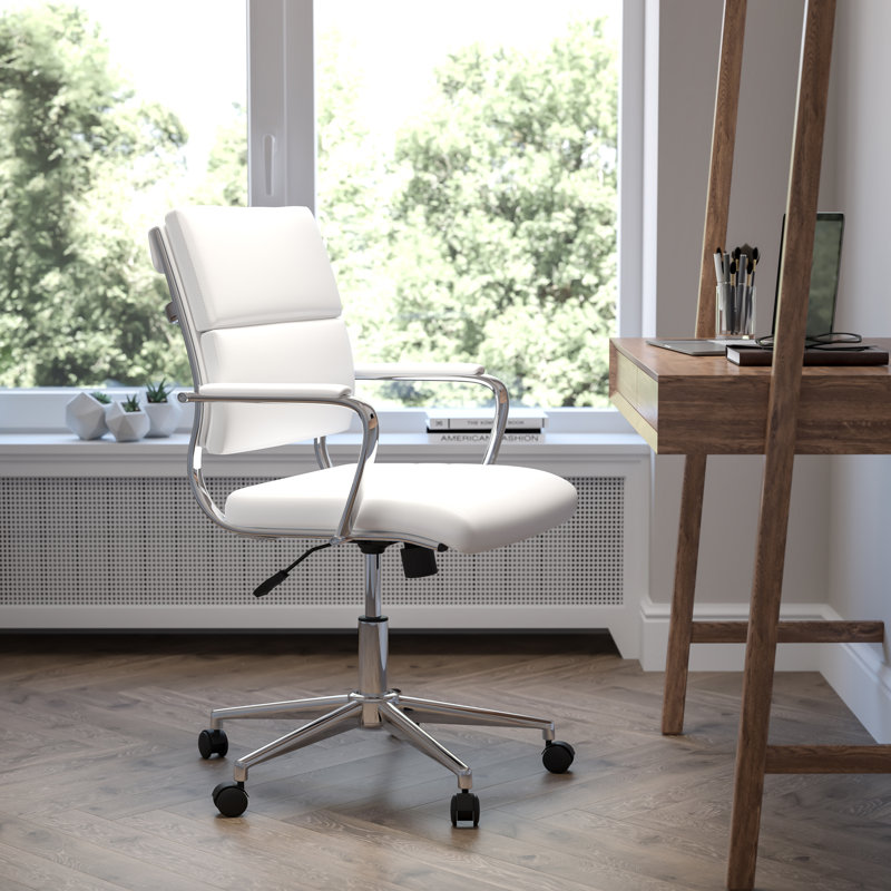 Mid-Back LeatherSoft Contemporary Panel Executive Swivel Office Chair, White