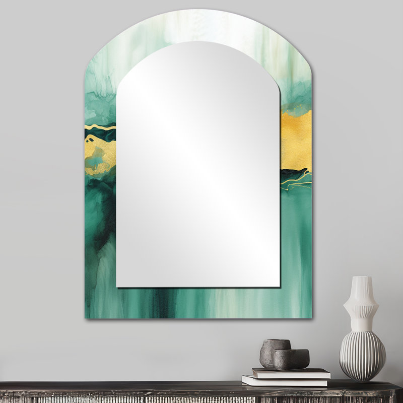 Blue Watercolor Impression with Gold IV - Fractals Arch Wall Mirror, Blue Asymmetrical Decorative Mirror, Printed Metal Art
