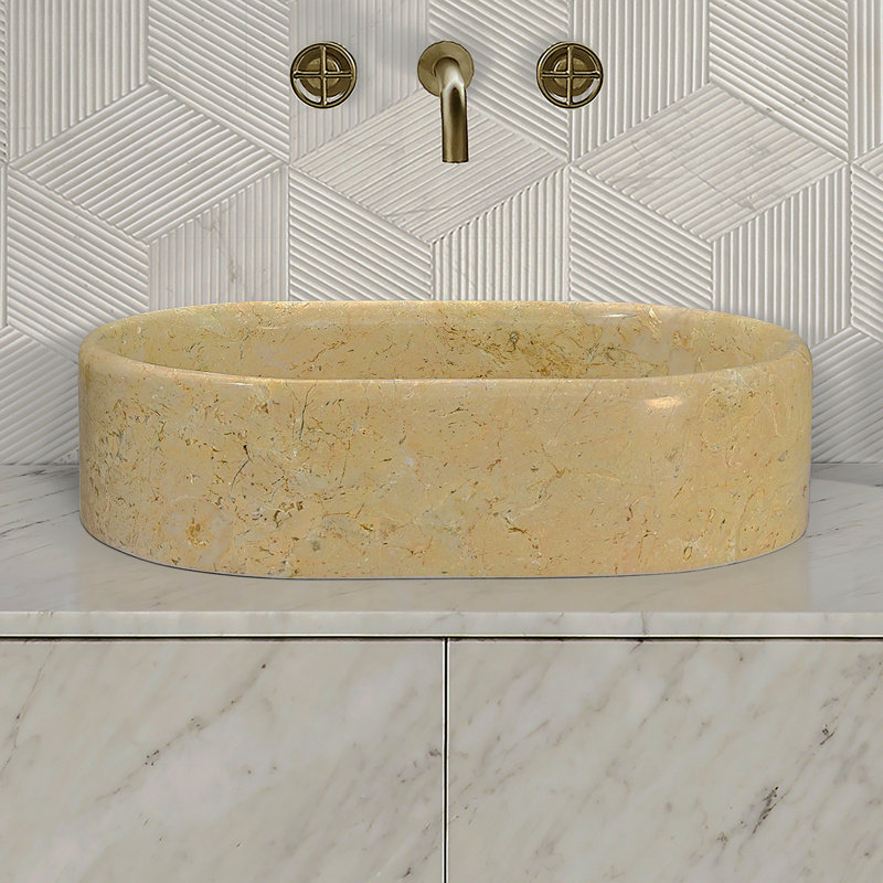 Gold Yellow Beige Natural Marble Bathroom Vessel Sink, Polished Finished, Natural Stone, Genuine Marble, Real Marble, 23.6X15.7Xh5.9 Inches/600X400XH150 Mm