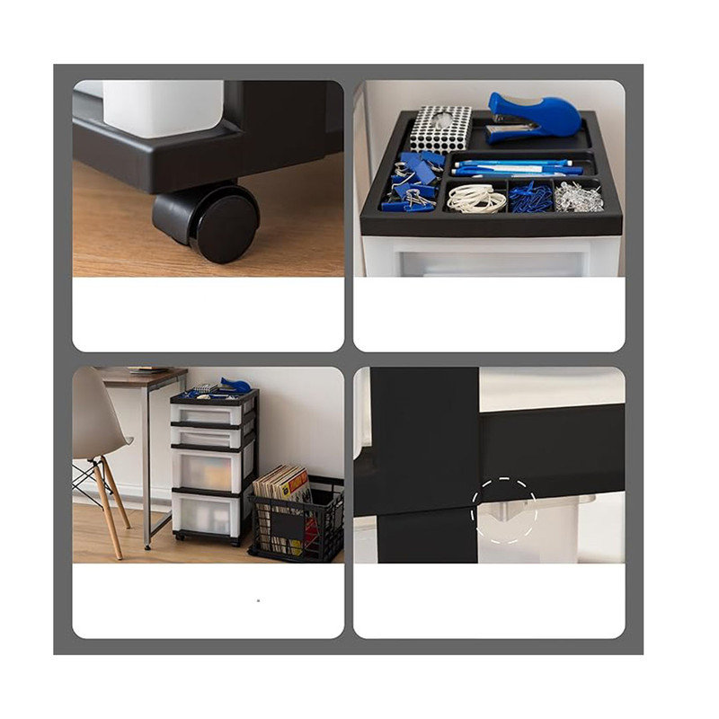 Plastic Drawer Storage Organizer Rolling Cart, with Wheels Casters, 4-Drawers, Top Organizer for Small Parts(Black/Pearl)