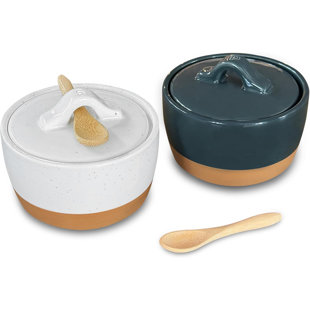 Ceramic Salt And Pepper Cellar Set With Lid - 10 Oz Modern Canister/Container/Bowl For Storage, Sea Salt, Spice, Sugar, Countertop - Small Dish/Jar With Wood Spoon,Crock