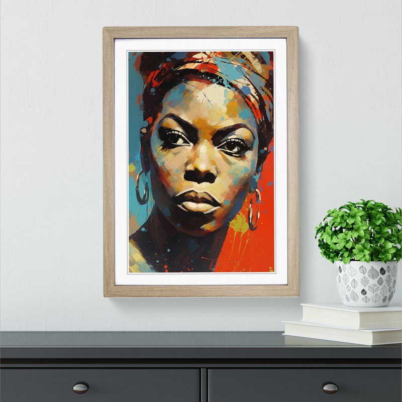 Nina Simone Expressionism - Single Picture Frame Print on Wood, Oak Framed, 64cm H x 46cm W x 2cm D