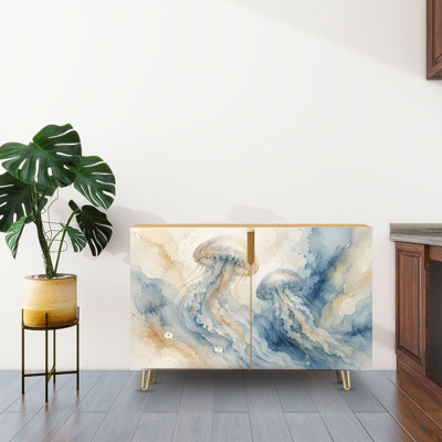 Sideboard Buffet Cabinet with Storage Watercolor Elegant Jellyfish Blue Beige Tones with 2 Doors for Living Room and Kitchen