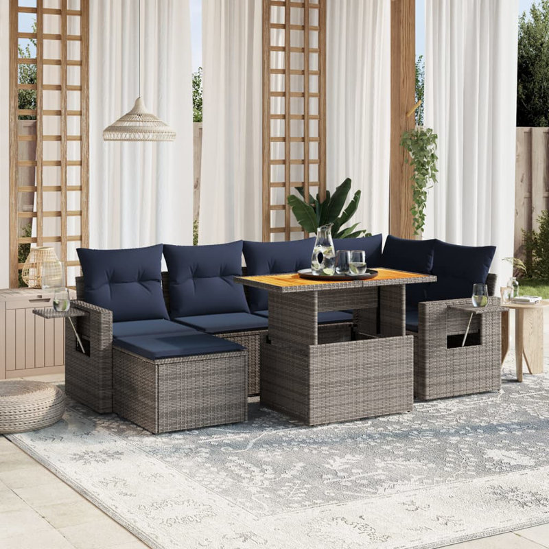  Ensemble de canapé de patio 7 pièces avec coussins en rotin de polyester, Gris, Bleu