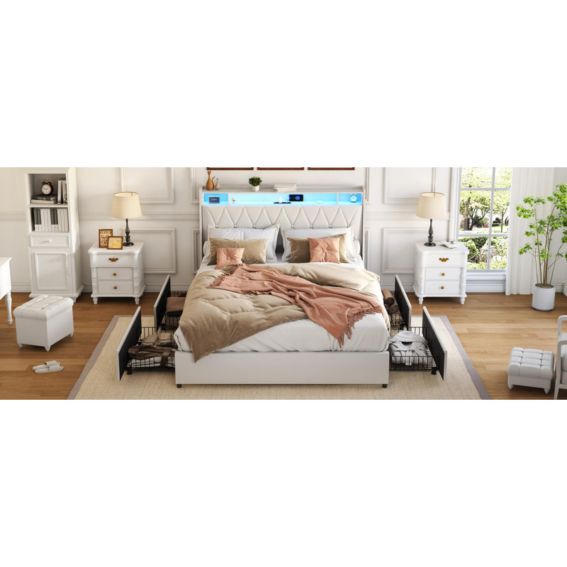 Cadre de grand lit avec tête de lit ergonomique, cadre de lit plateforme grand avec prises et chargeur et lumière DEL, cadre de lit en métal grand avec tablette de rangement, silencieux, aucun sommier nécessaire