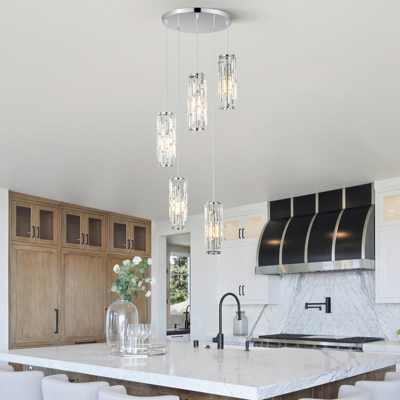 Luminaire suspendu cylindrique à 5 lumières à intensité variable avec accents de cristal, Chrome chrome, 5 lumières