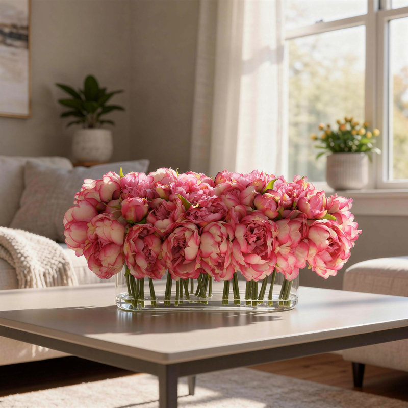Pivoines disposées dans un vase en verre, Rose