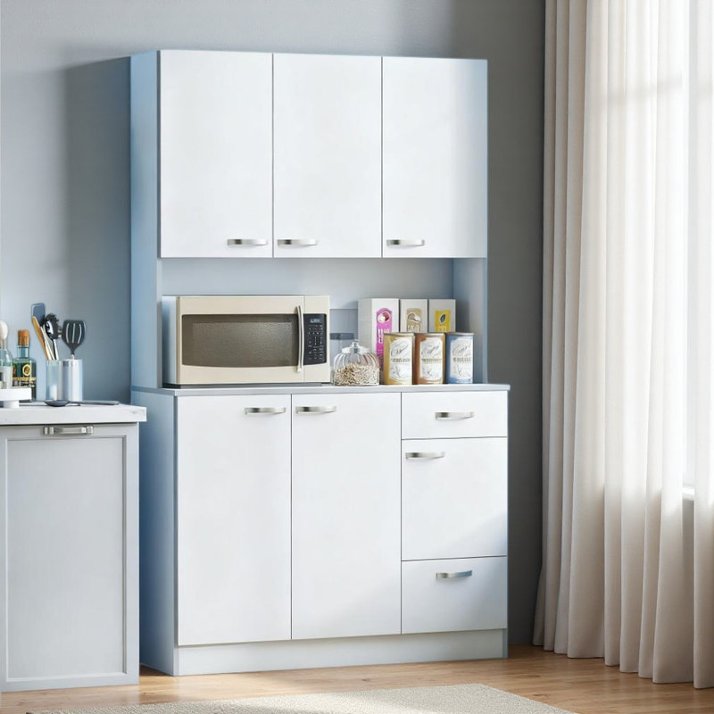 Armoire de cuisine 71 po, armoire de rangement haute avec support pour micro-ondes, huche de cuisine moderne avec comptoir, 6 portes, tiroir de rangement, 3 tablettes réglables Kitchen Pantry