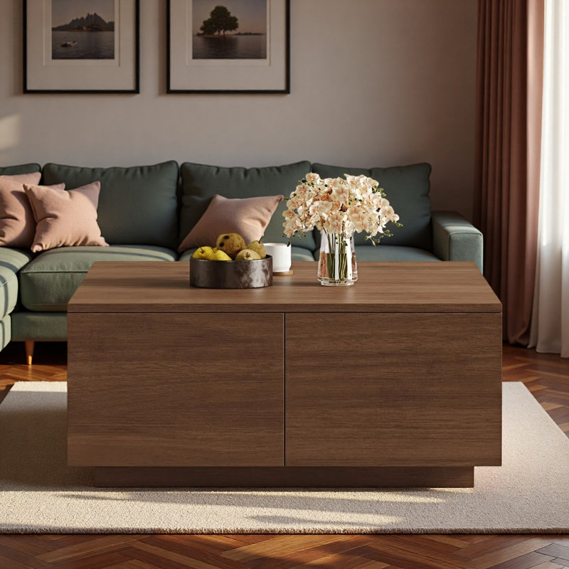 Table basse moderne carrée avec 4 tiroirs, Noyer