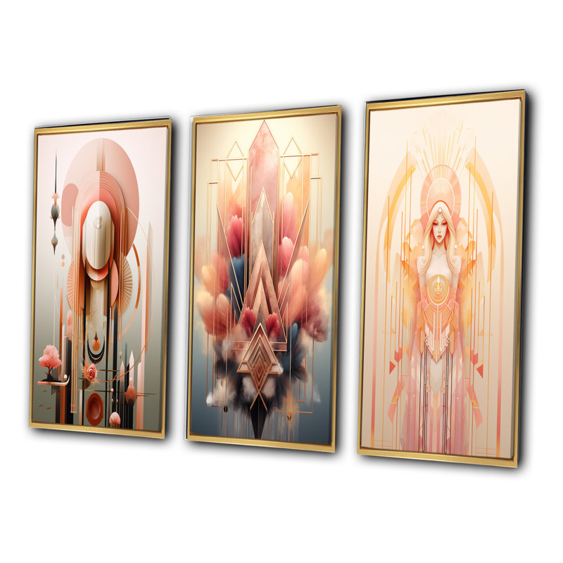 «Retro Boho Chic Minimal Geometric Retro Rose», 3 pièces sur toile, Cadre flottant doré, H 32 po x l 48 po