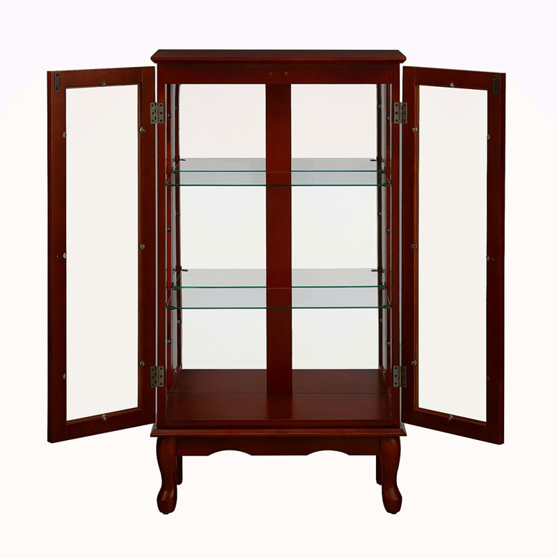 Cabinet Curio avec tablettes réglables et panneau arrière en miroir, portes en verre trempé (3 niveaux), Cerisier