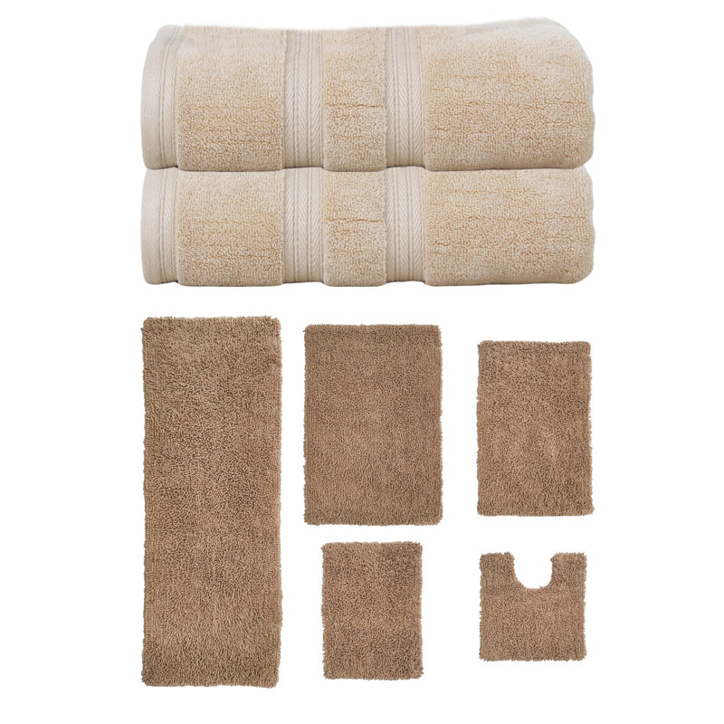 Bruno Collection 100% Soft Cotton 2 Pc Bath Towel Set & 5 Pc Bath Rug Set, (Set of 7), Linen