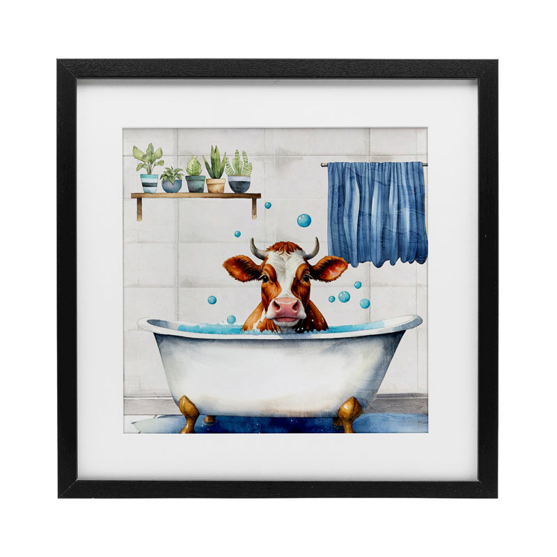 «Suds Cow Bathaign», reproduction imprimée sous verre, conception de Kim Allen, H 13 po x l 13 po, Cadre noir minuit