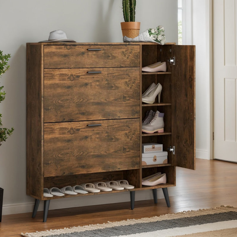 Armoire à chaussures avec 2 tiroirs rabattables, armoire à chaussures avec armoire latérale et tablettes réglables, range-chaussures autoportant étroit, rustique
