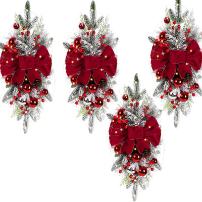 4PCS 24in Red Christmas Swags Cordless Prelit Teardrop Swag, Christmas Stairs Decorations Light up Christmas Swag Wreath for Stair Window Wall Home Decor