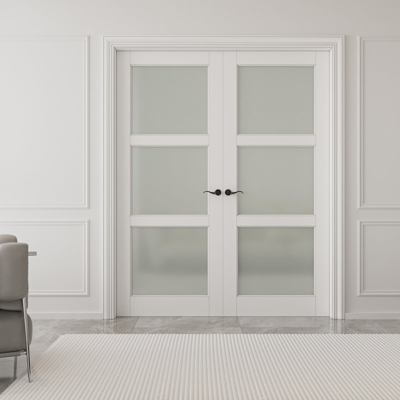 Porte intérieure double en verre massif givré 3-Lite, 64 po x 96 po, Quincaillerie noire