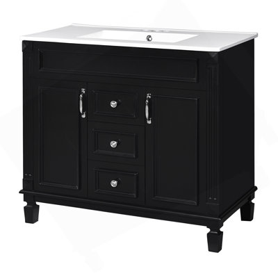 Meuble-lavabo 36 po avec lavabo supérieur, armoire de rangement moderne avec 2 portes à fermeture douce et 2 tiroirs, meuble-lavabo simple