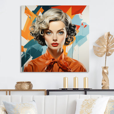 Orange And Green Mid Century Woman  Portrait II - Pop Art Metal Wall Art