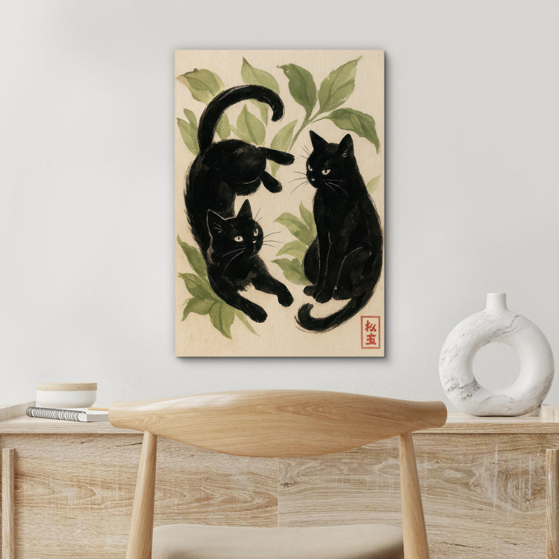 «Playful Black Cats with Green Leaves», reproduction d'art sur toile encadrée, H 36 po x l 24 po x P 1,5 po, Toile tendue