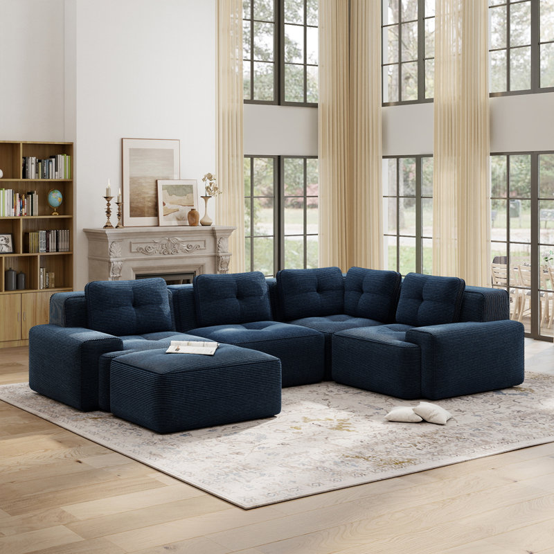 Canapé d'angle modulaire en velours côtelé à 4 places de 116 po avec 2 repose-pieds en velours côtelé pour salon 116, Bleu