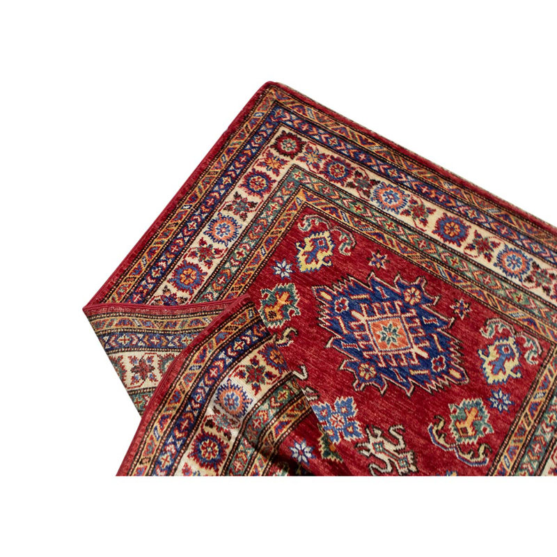 Tapis rouge / bleu / brun en soie / laine noué à la main de conception unique 3 pi x 4 pi 11 po