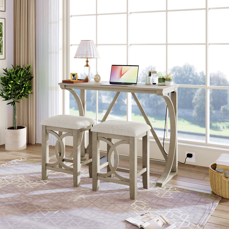 Ensemble de table de salle à manger à hauteur de comptoir 3 pièces Farmhouse avec port USB et tabourets rembourrés, White