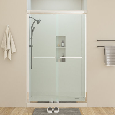 Porte de douche coulissante demi-cadre l 48 po x H 76 po, porte de douche en verre trempé transparent de 8 mm à ajustement réglable